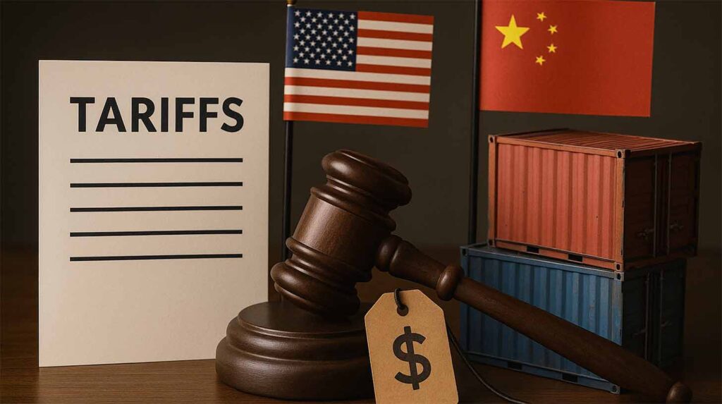 Concept photo of a gavel, price tag, flags of China and the U.S., shipping containers and a document. Image credit: Nicole Smith, made with Midjourney