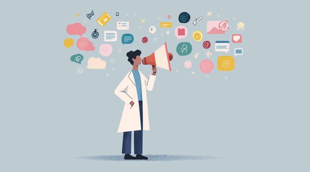 Concept illustration of a scientist wearing a lab coat and espousing their research on social media via a megaphone. Image credit: Nicole Smith, made with Midjourney