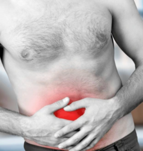 Male holds abdomen, which has a red indicator to locate pain.