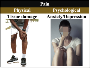 Side by side graphic illustrates the difference between physical and psychological pain.