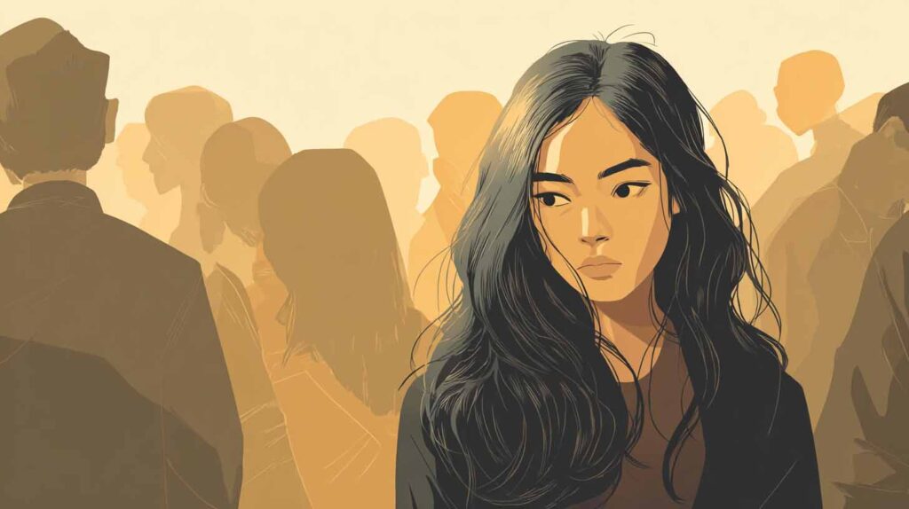Concept illustration of an Asian woman turning away from a crowd with their backs to her. Image credit: Nicole Smith, made with Midjourney