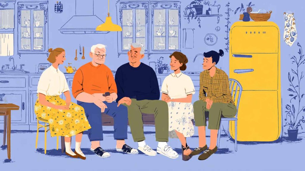 Concept illustration of neighbors, paid caregivers and long-term friends as family caring for a person with dementia. Image credit: Nicole Smith, made with Midjourney