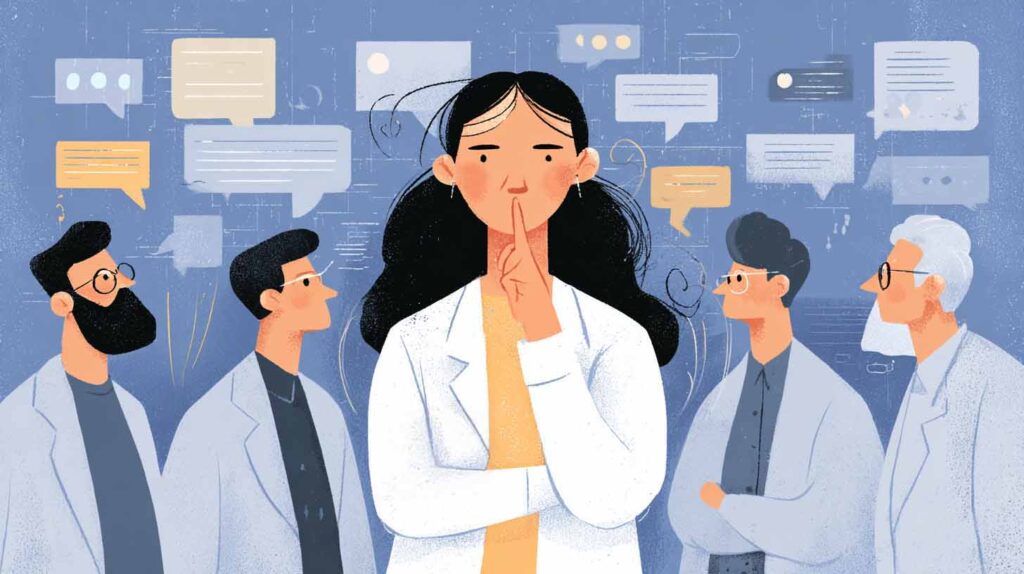 Concept illustration of a female scientist wearing a lab coat staying silent online while men around her promote their work on social media. Image credit: Nicole Smith, made with Midjourney