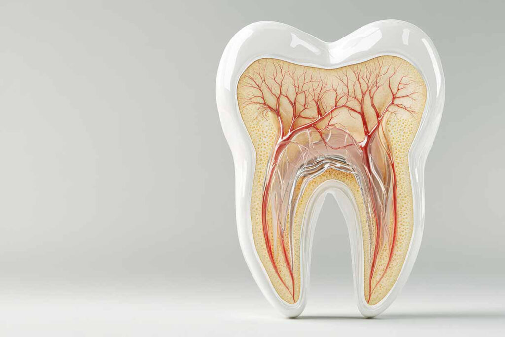 Detailed view of a tooth model showcasing internal anatomy, highlighting nerves and blood vessels in educational setting. Image credit: Adobe Stock, made with AI