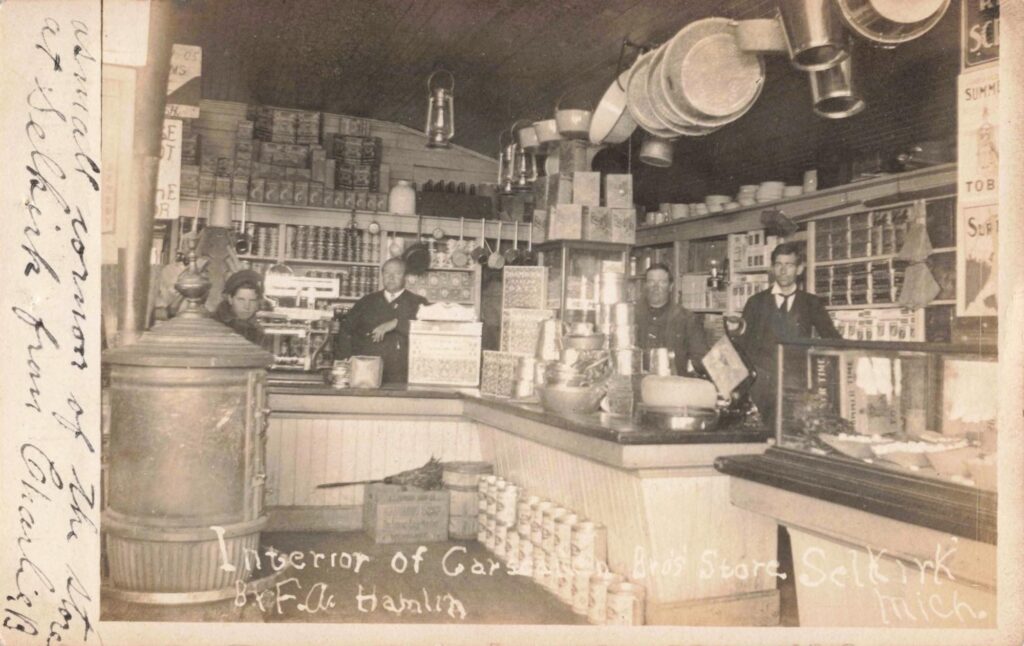 Interior of Garscallen Bro's Store in Selkirk, Michigan taken by F.a. Hamlin. Image credit: David V. Tinder Collection of Michigan Photography, University of Michigan William L. Clements Library.