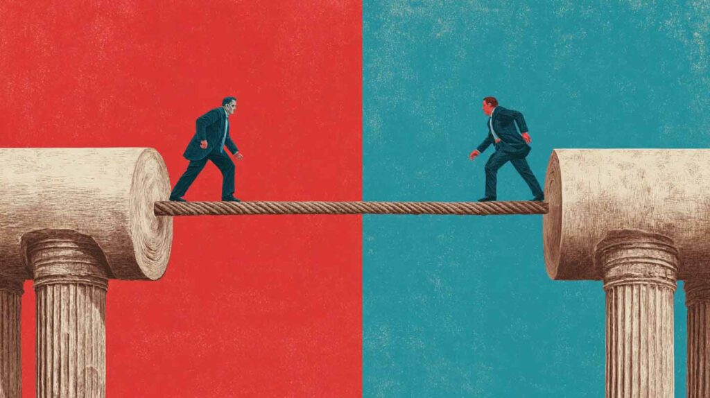 Concept illustration of the balance between business and policy. Image credit: Nicole Smith, made with Midjourney