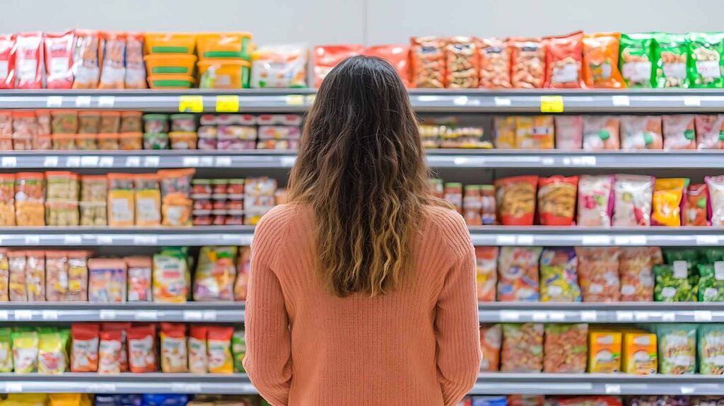 Woman browsing snack aisle in grocery store. Shelves stocked with various packaged foods. Image credit: Adobe Stock, made with AI