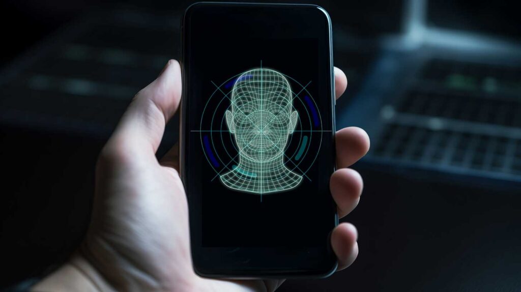 A person is holding a cell phone with a face on it. Image credit: Adobe Stock