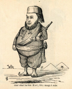 Vintage cartoon of James Watson, being honored by the Ottoman Empire and caricatured by the Palladium, a University of Michigan student publication.