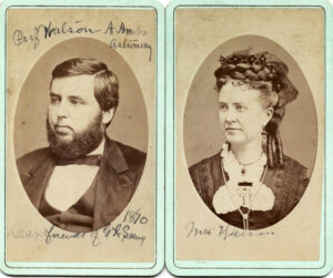 Side by side sepia-toned oval portraits of James Watson and his wife, circa 1870.