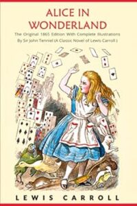 Book cover of Alice In Wonderland shows young Alice amid a shower of playing cards.