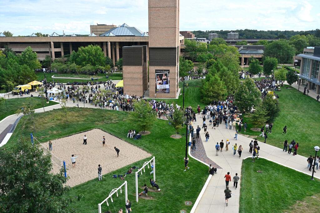 An overhead view of an event on North Campus at U-M