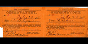 An orange ticket with ornate lettering for admittance to the Detroit Observatory in the 1860s.