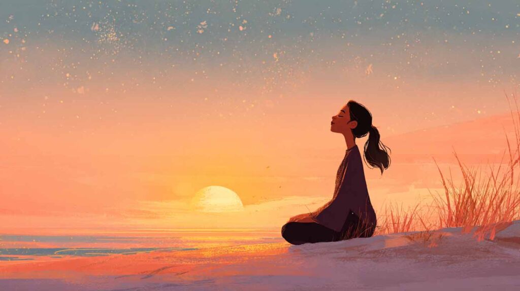 Concept illustration of a person enjoying a peaceful sunset. Image credit: Nicole Smith, made with Midjourney