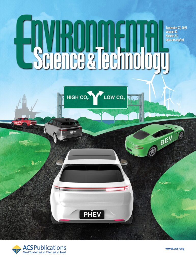 An illustration shows four vehicles driving along a forked road. A roadsign above the fork shows the lefthand path is "High CO2" and the right is "Low CO2." A white crossover labeled PHEV for plug-in hybrid electric vehicle is approaching the fork.