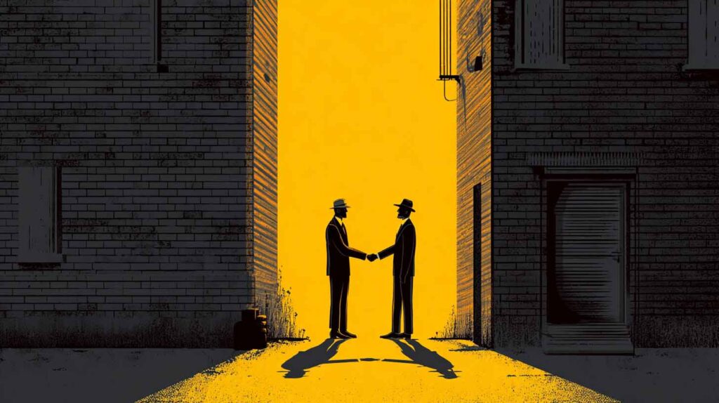 Concept illustration of shady business dealings. Image credit: Nicole Smith, made with Midjourney