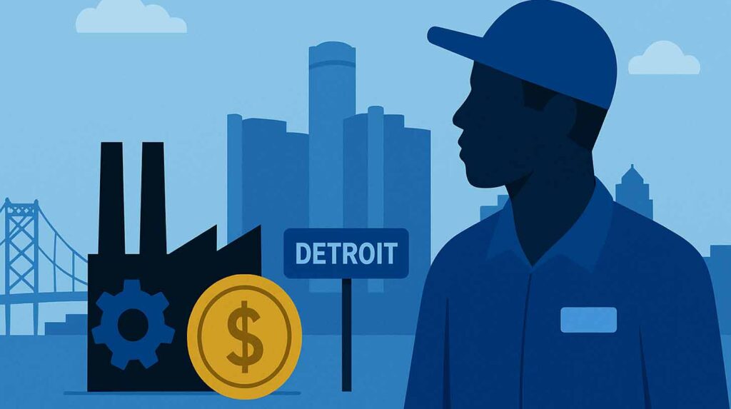 Concept illustration of jobs and wages in Detroit. Image credit: Nicole Smith, made with midjourney
