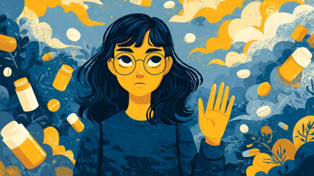 Concept illustration of a teen saying no to prescription drugs. Image credit: Nicole Smith, made with Midjourney