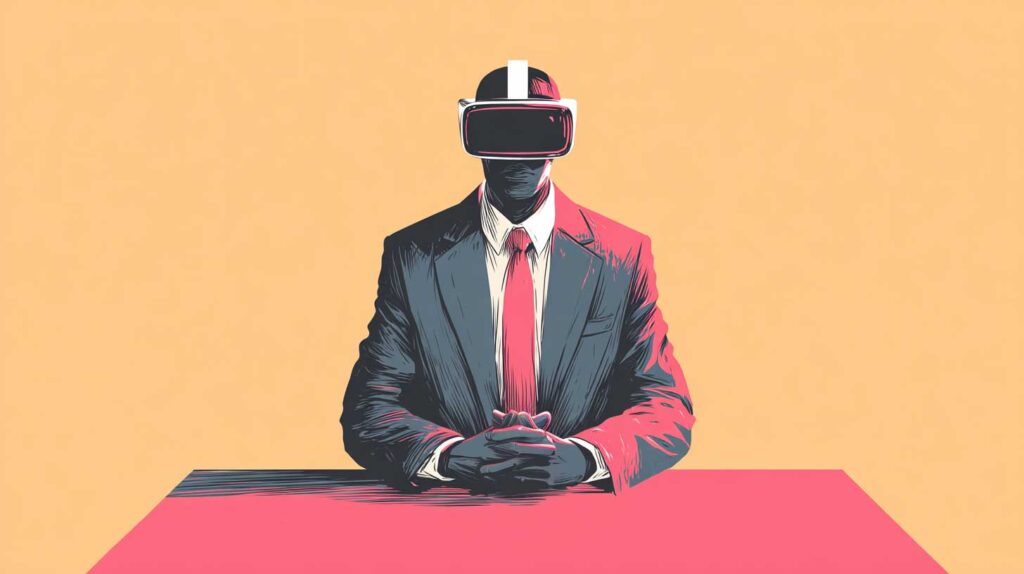 Concept illustration of a person wearing a suit and a virtual reality headset sitting at a desk. Image credit: Nicole Smith, made with Midjourney