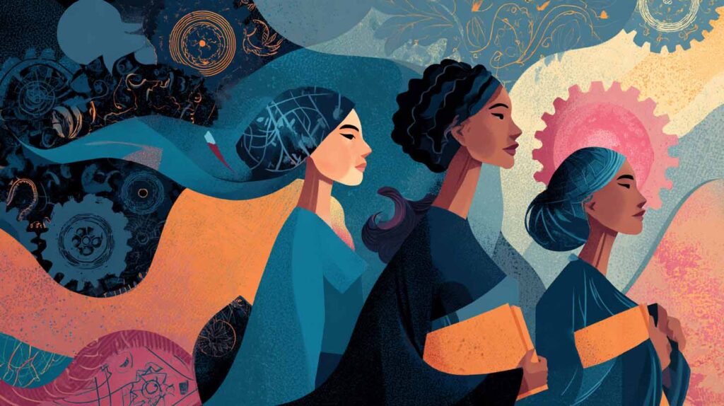 Concept illustration of educated women sparking innovation. Image credit: Nicole Smith, made with Midjourney