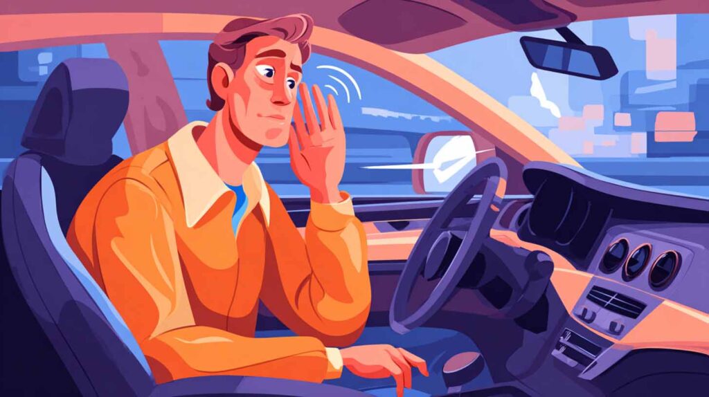Concept illustration of a driver listening to their car talk. Image credit: Nicole Smith, made with Midjourney