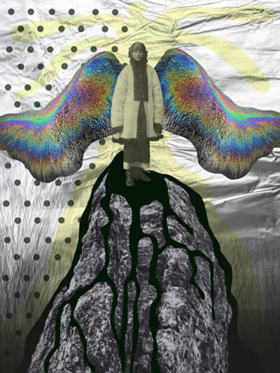 A piece of artwork depicting a person standing on a mountain and wearing multi=colored wings