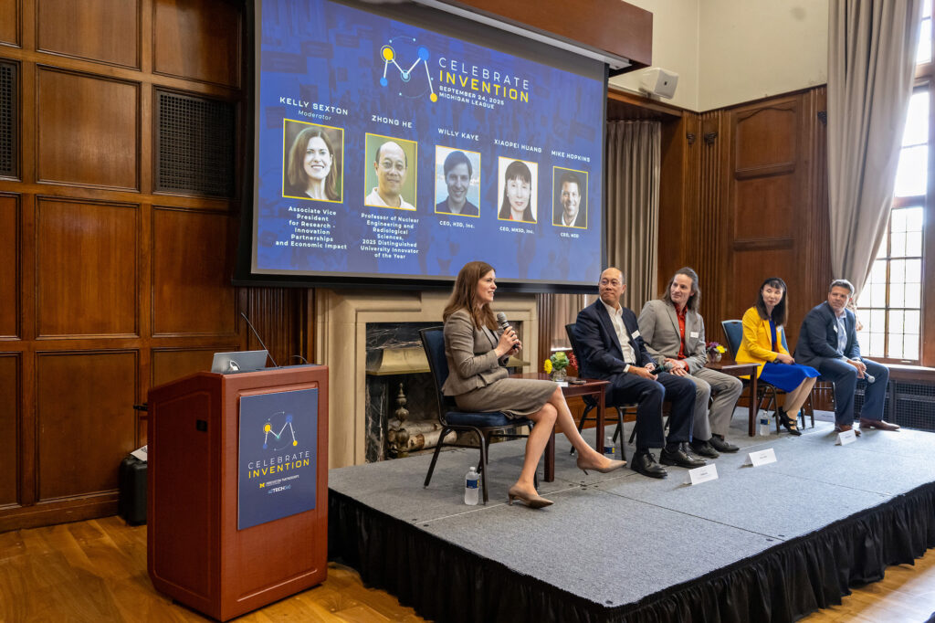 From left, Kelly Sexton, Associate Vice President for Research at Innovation Partnerships and Economic Impact at the University of Michigan leads a conversation with Professor of Nuclear Engineering and Radiological Science Zhong He and his team Willy Kave, Xiaopei Huang and Mike Hopkins during Celebrate Invention.