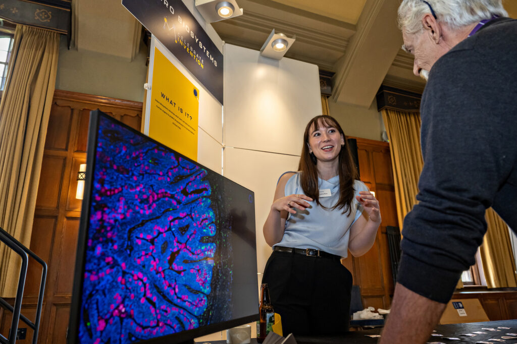 Principal scientist Sophia Meyer discusses with Joe Amaral how Intero Biosystems develops adult stem cell derived miniature human organs to predict drug behavior in humans before clinical trials during Celebrate Invention.