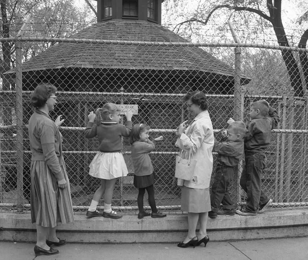 Mothers and their children visit the University of Michigan Zoo in the 1960s.