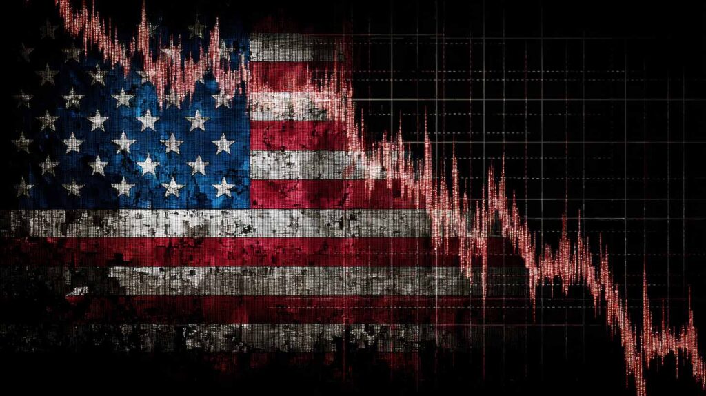 Concept illustration of an American flag with a bar graph superimposed. Image credit: Adobe Stock, made with AI