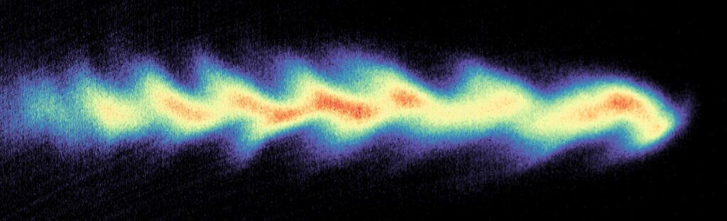 The plot resembles a fuzzy herringbone shape, stretching across the page horizontally. The shape is blue at the edges, and yellow or red in the center.