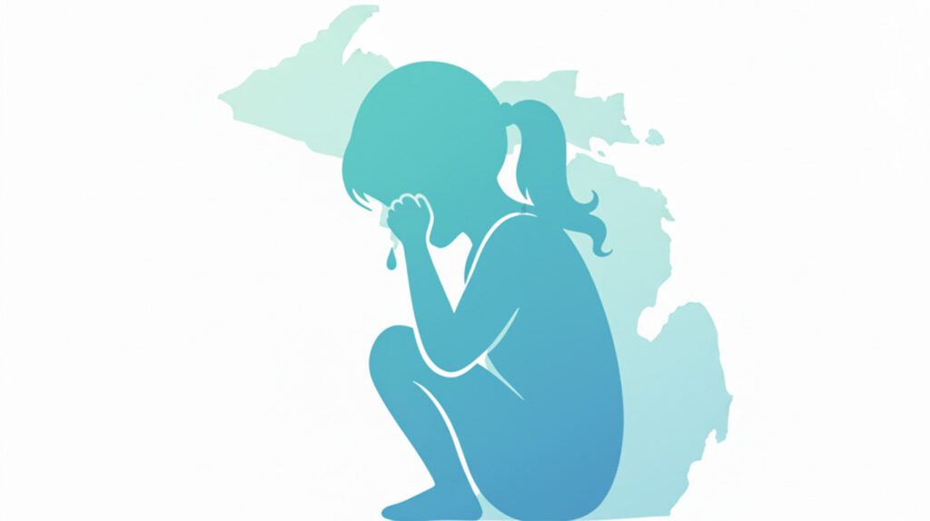 Icon illustration of a sad child with the state of Michigan in the background. Image credit: Nicole Smith, made with Google AI