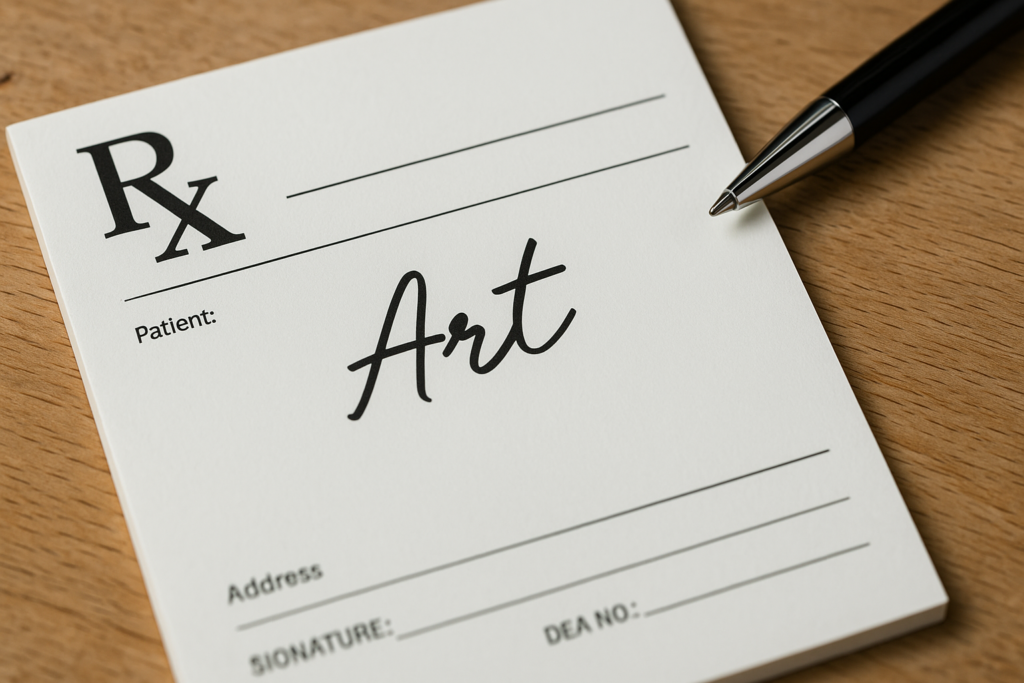 Concept illustration of a prescription pad with the word "Art" on it. Image credit: Nicole Smith, made with Midjourney