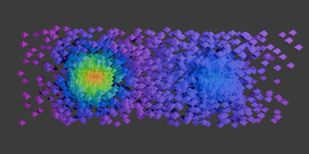 The molecule appears as a cylinder made up of octahedra, dense in the middle of the lithium and hydrogen atoms but becoming more diffuse. The cylinder is cut away along one edge, showing the core of each atom. The lithium is orange at the center, fading to yellow, green and then blue where the octahedra become more dispersed. At the edges and between the molecules, the octahedra are purple. The hydrogen is blue at the center.