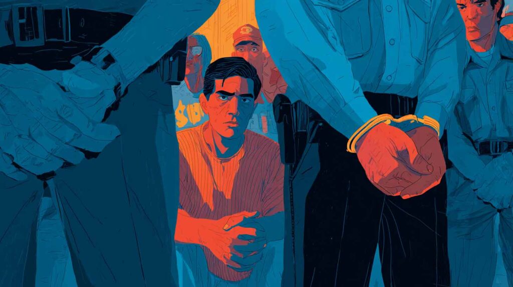 Concept illustration of racial profiling in immigration raids. Image credit: Nicole Smith, made with Midjourney