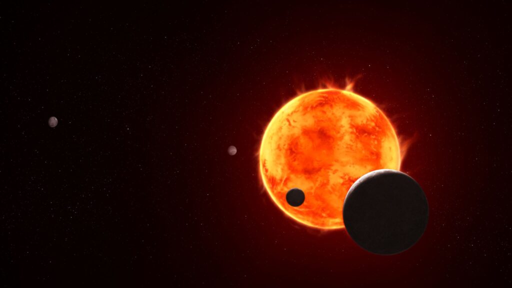 Illustration of a star with multiple flares and four small orbiting planets. Star is off center to the lower right, with a silhouetted planet to its lower right. A smaller planet is shown an inch to the left, also silhouetted. A third planet is directly to the left of the star, gray and white but without much detail, and farther out near the left edge of the image is the fourth planet, also gray with little detail.