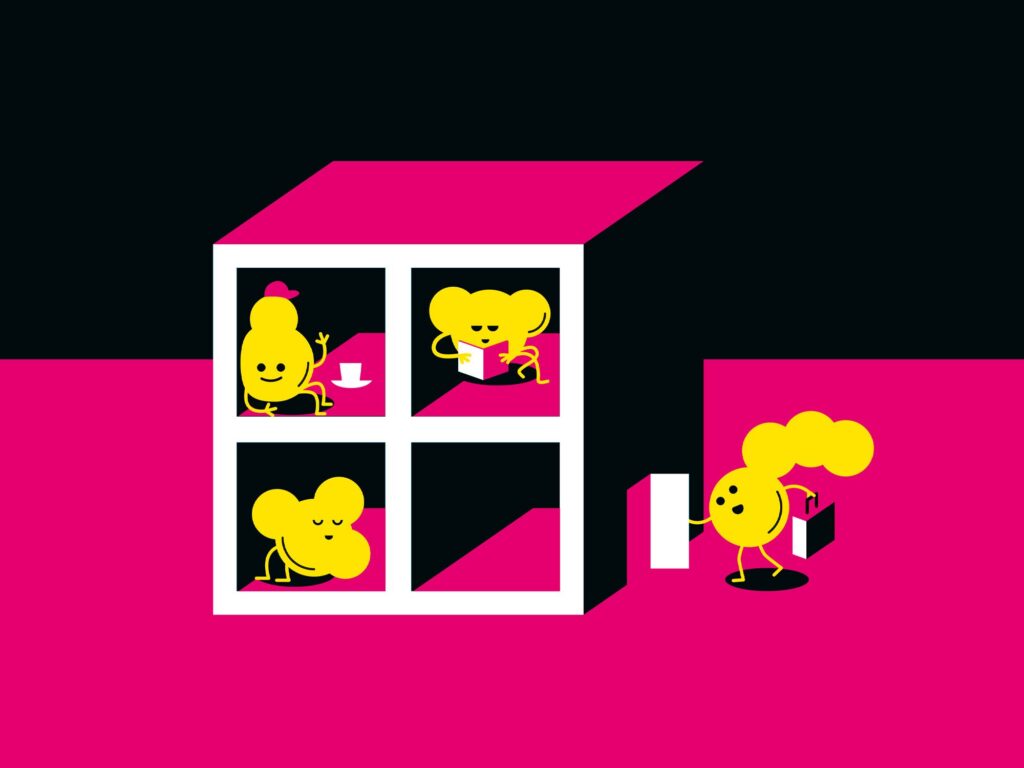 Pictured is a representation of an MOF molecule. A cube is pictured composed of smaller cubes, resembling a roofless house. Cartoon figures of material that could be adsorbed by the MOF molecule are pictured in rooms of the house, with one cartoon molecule entering the door. Adsorption is the process by which molecules adhere to the surface of a solid.