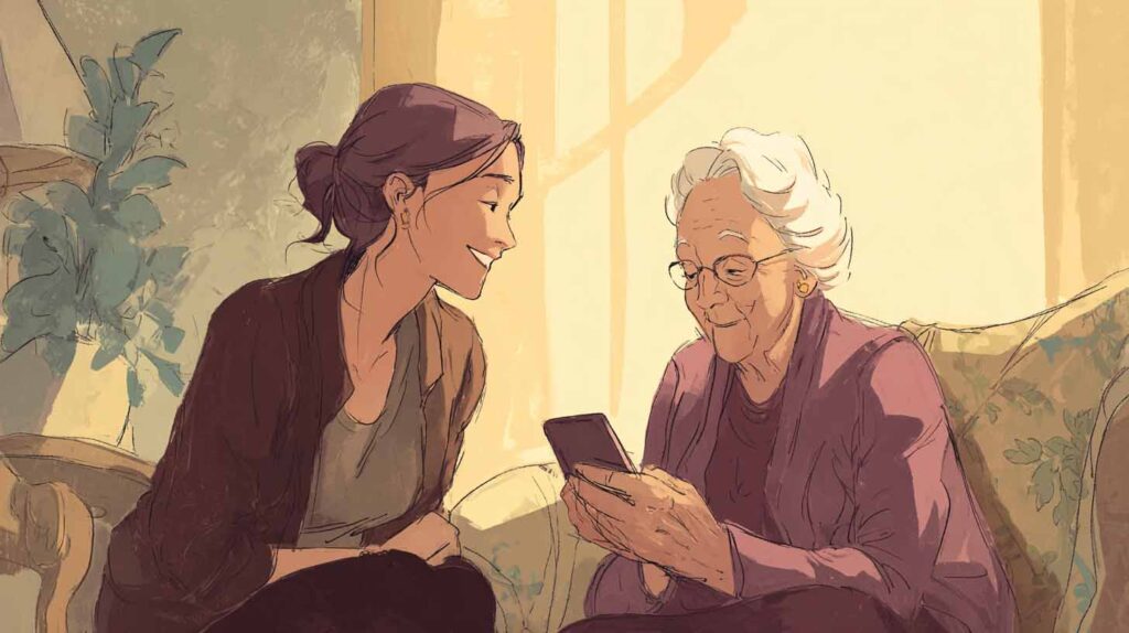 Concept illustration of a caregiver interacting with a friend. Image credit: Nicole Smith, made with Midjourney