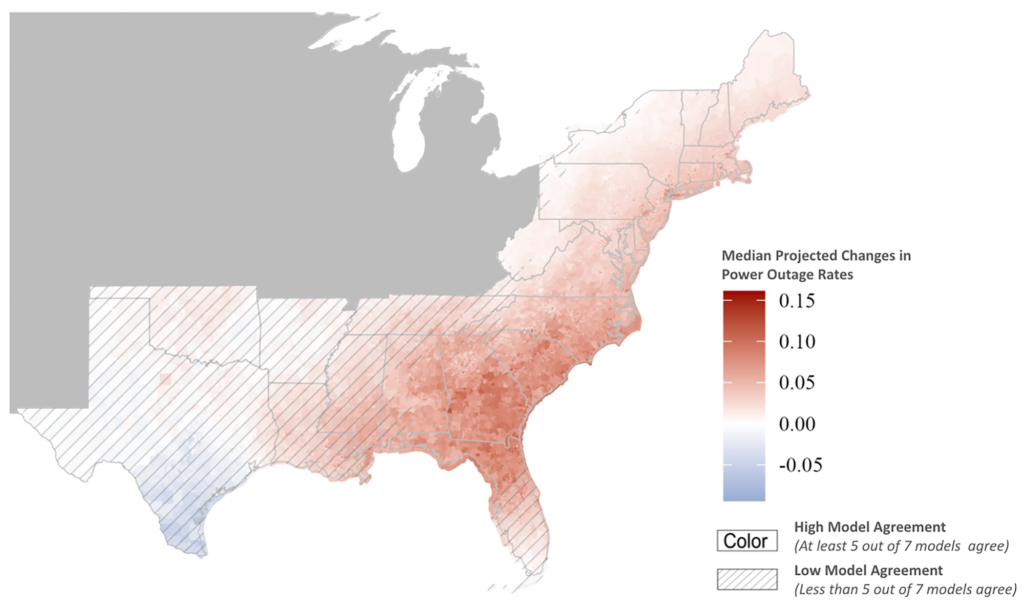 A map of the U.S. Eastern Seaboard displays areas most likely to see increased power outages in red, with a strong concentration near Georgia and Florida.