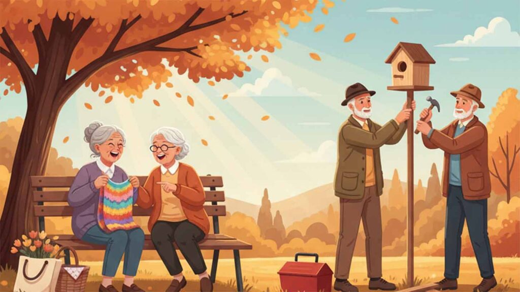Concept illustration of two older women sitting on a bench and two older men working together to install a birdhouse. Image credit: Nicole Smith, made with Google AI