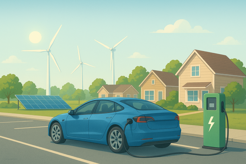 An electric vehicle charges in a neighborhood with solar panels and wind turbines in the background.