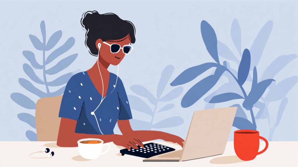 Concept illustration of a blind programmer using a braille keyboard and laptop. Image credit: Nicole Smith, made with Midjourney
