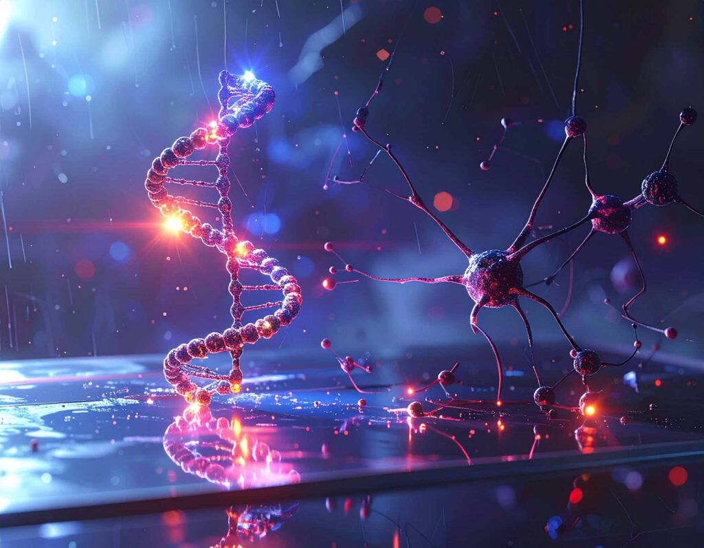 An RNA molecule is illuminated by a laser light near a slide surface nearby a neural network. Image credit: Nils Walter, University of Michigan