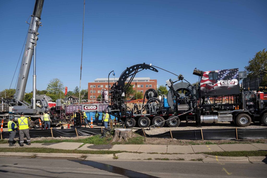 A crew drilling a test borehole capable of reaching a depth of 1,600 feet. Image credit: Scott Soderberg, Michigan Photography