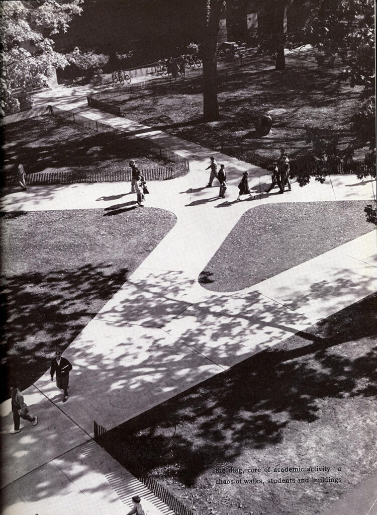 Students cross the Diag on U-M’s Central Campus in 1953