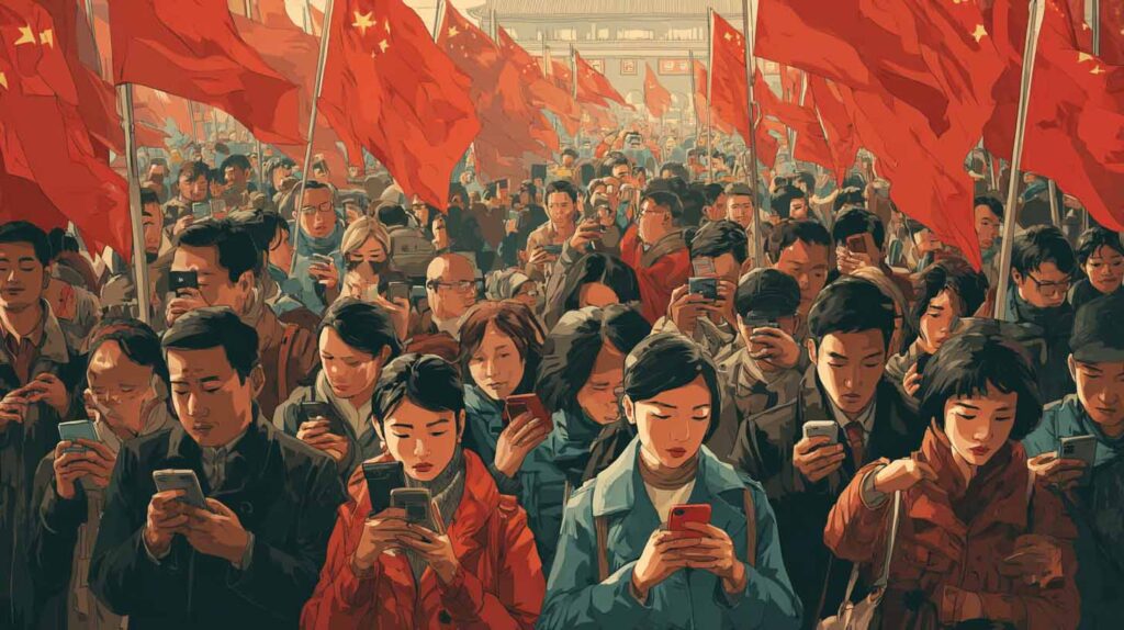 Concept illustration of Chinese nationalism on social media. Image credit: Nicole Smith, made with Midjourney
