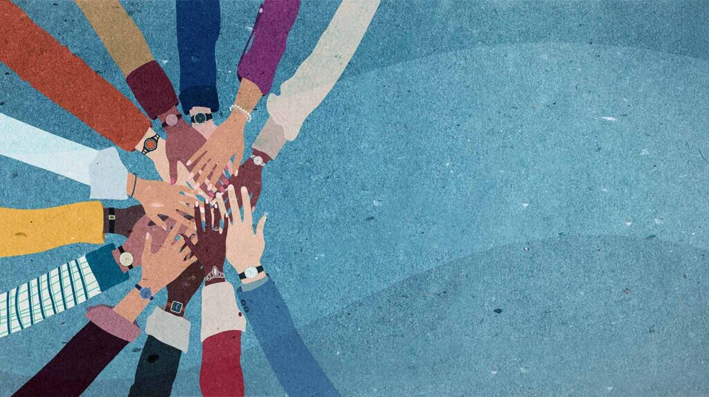 Concept illustration of community represented by a diverse group of hands together in a circle. Image credit: Adobe Stock