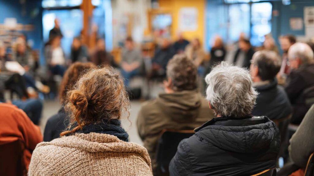 Concept photo of a town hall meeting with citizens engaging in discussions democratic process of dialogue. Image credit: Adobe Stock, made with AI