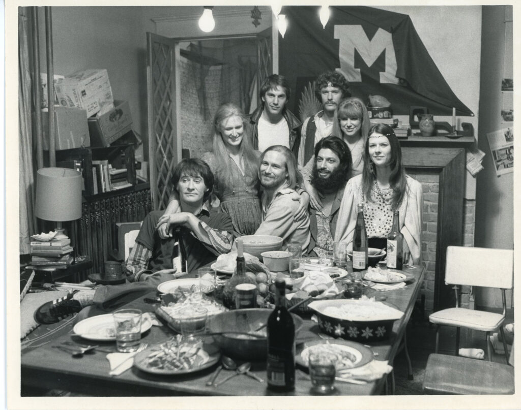 Eight actors and actresses on the set of "The Big Chill"