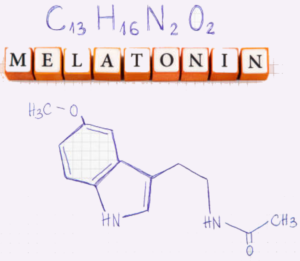 Graphic depicts chemical makeup of melatonin.